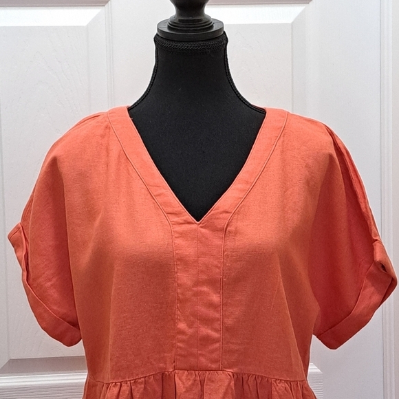 Briggs New York Coral Linen Dress Medium V-neck Short Sleeved - Picture 6 of 15